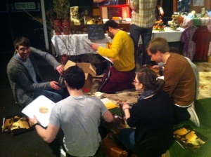 Nothing like last minute preparation...the band & chums assembling our vinyl...